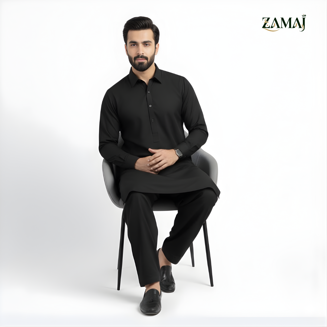ZAMAJ Casual Black Shalwar Kameez for Men