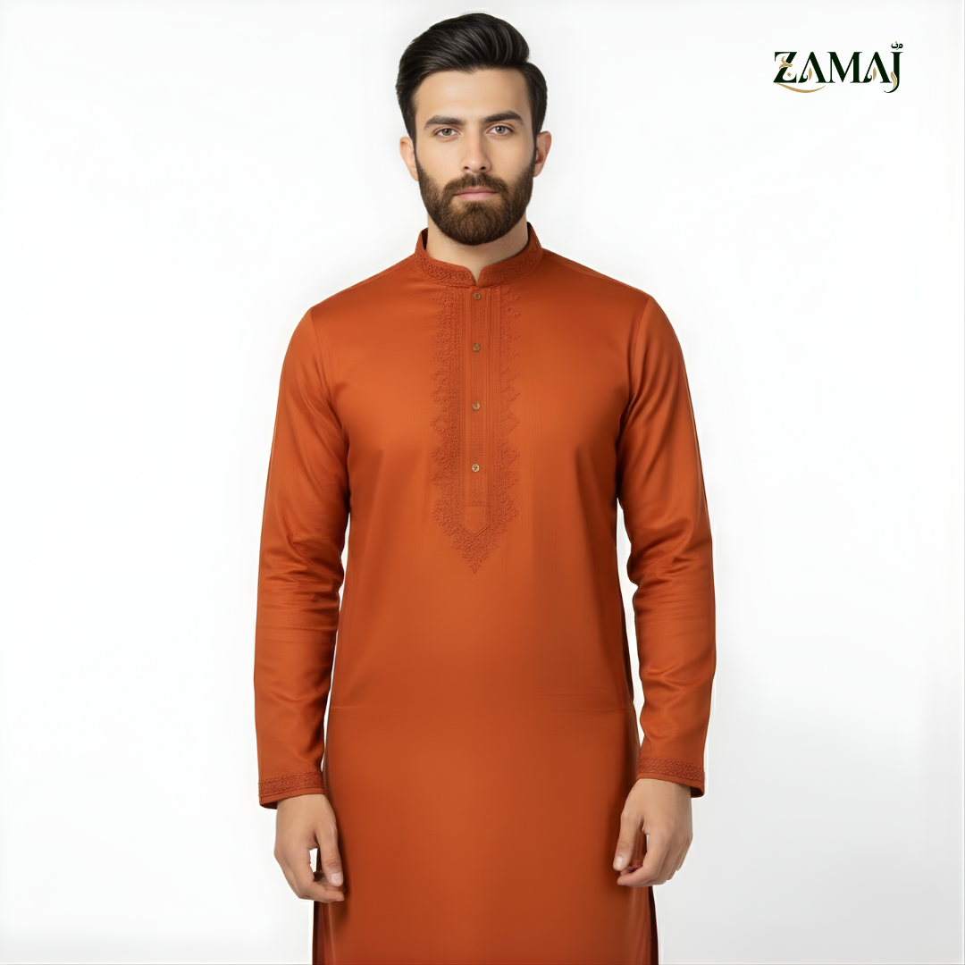 ZAMAJ Burnt Orange Embroidered Kurta Pajama
