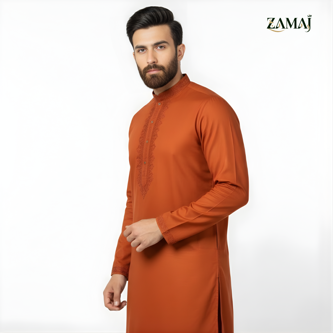 ZAMAJ Burnt Orange Embroidered Kurta Pajama