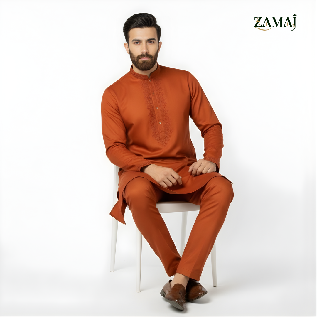 ZAMAJ Burnt Orange Embroidered Kurta Pajama
