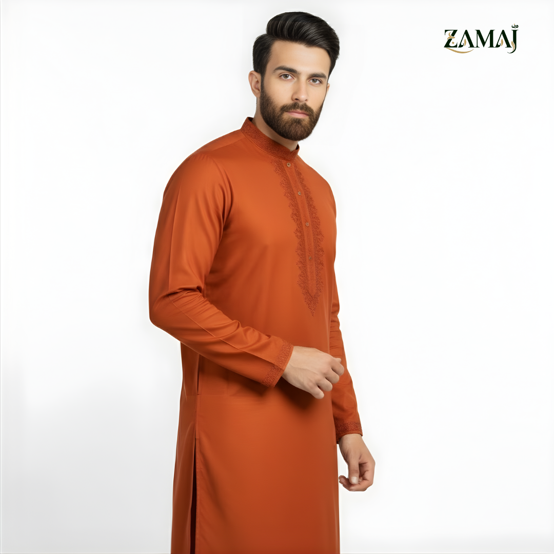 ZAMAJ Burnt Orange Embroidered Kurta Pajama