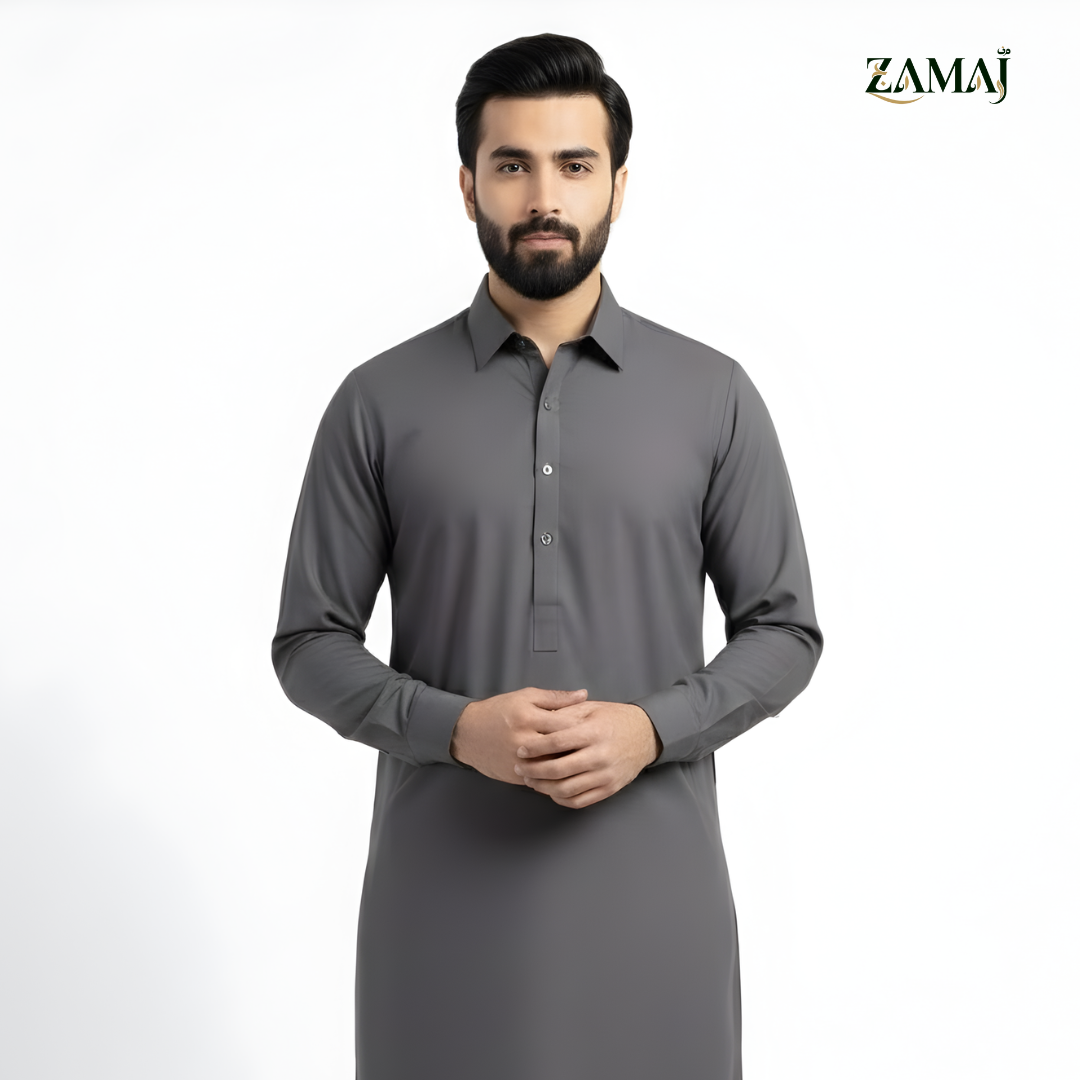 ZAMAJ Casual Charcoal Grey Shalwar Kameez for Men