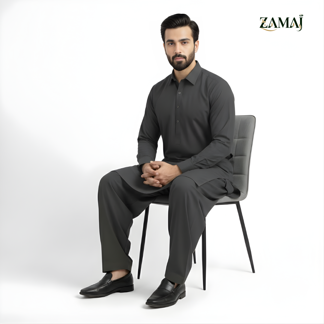 ZAMAJ Casual Charcoal Grey Shalwar Kameez for Men