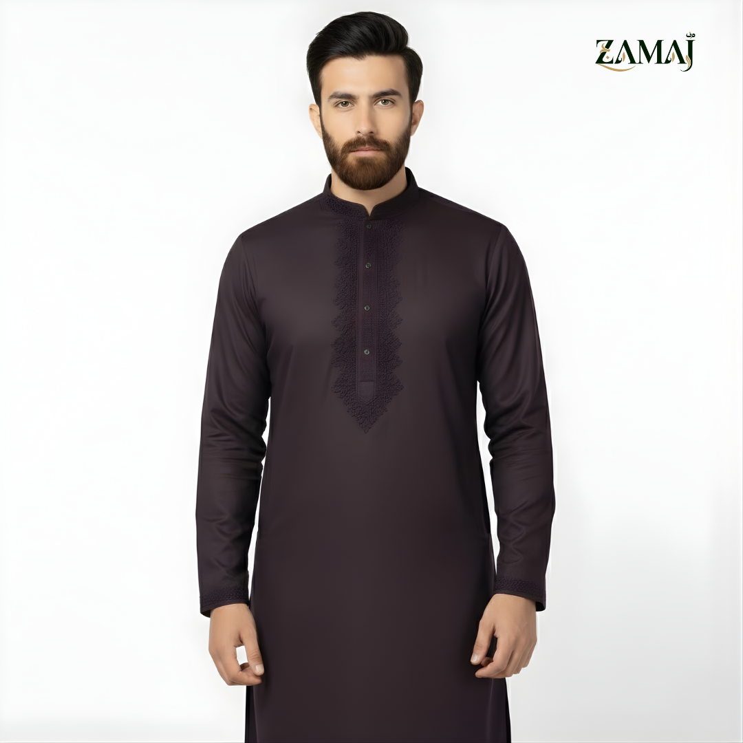 ZAMAJ Charcoal Purple Embroidered Kurta Pajama