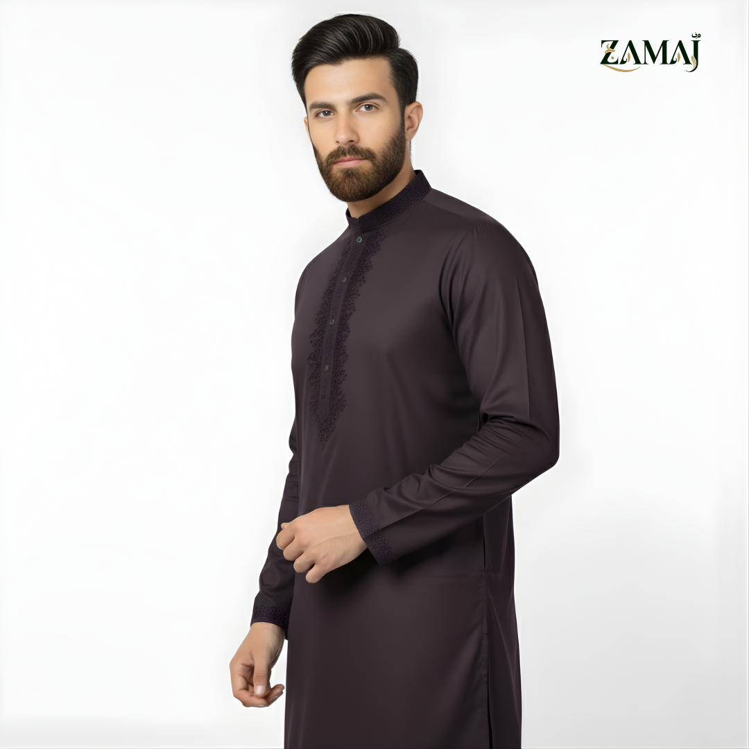 ZAMAJ Charcoal Purple Embroidered Kurta Pajama