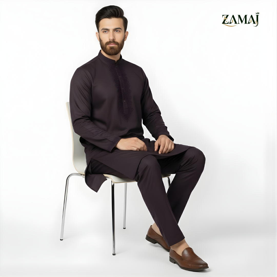 ZAMAJ Charcoal Purple Embroidered Kurta Pajama