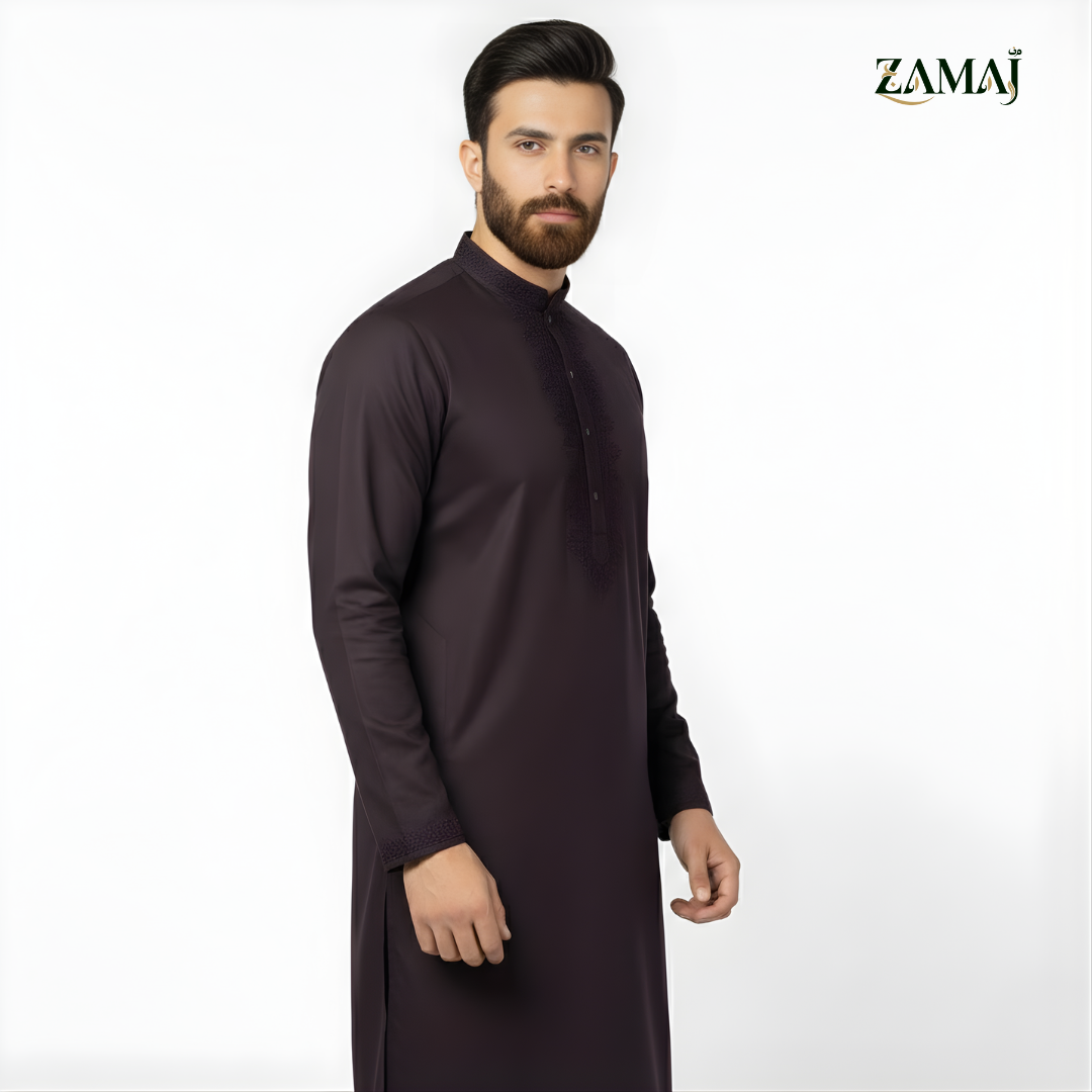 ZAMAJ Charcoal Purple Embroidered Kurta Pajama