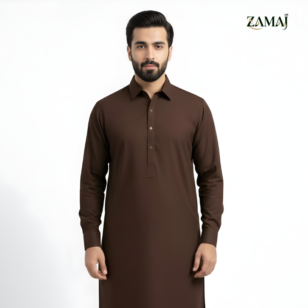 ZAMAJ Casual Dark Brown Shalwar Kameez for Men