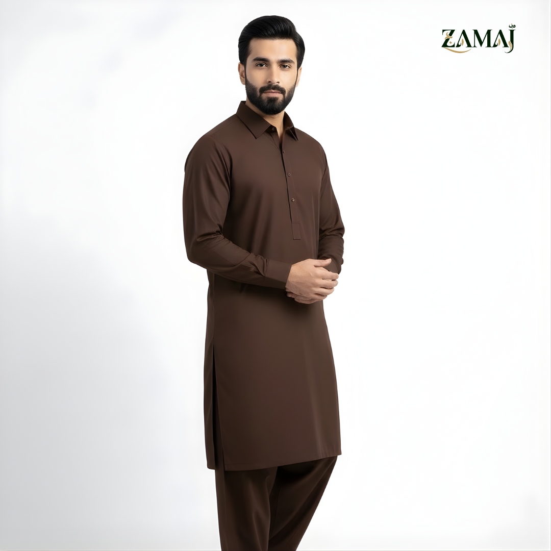 ZAMAJ Casual Dark Brown Shalwar Kameez for Men