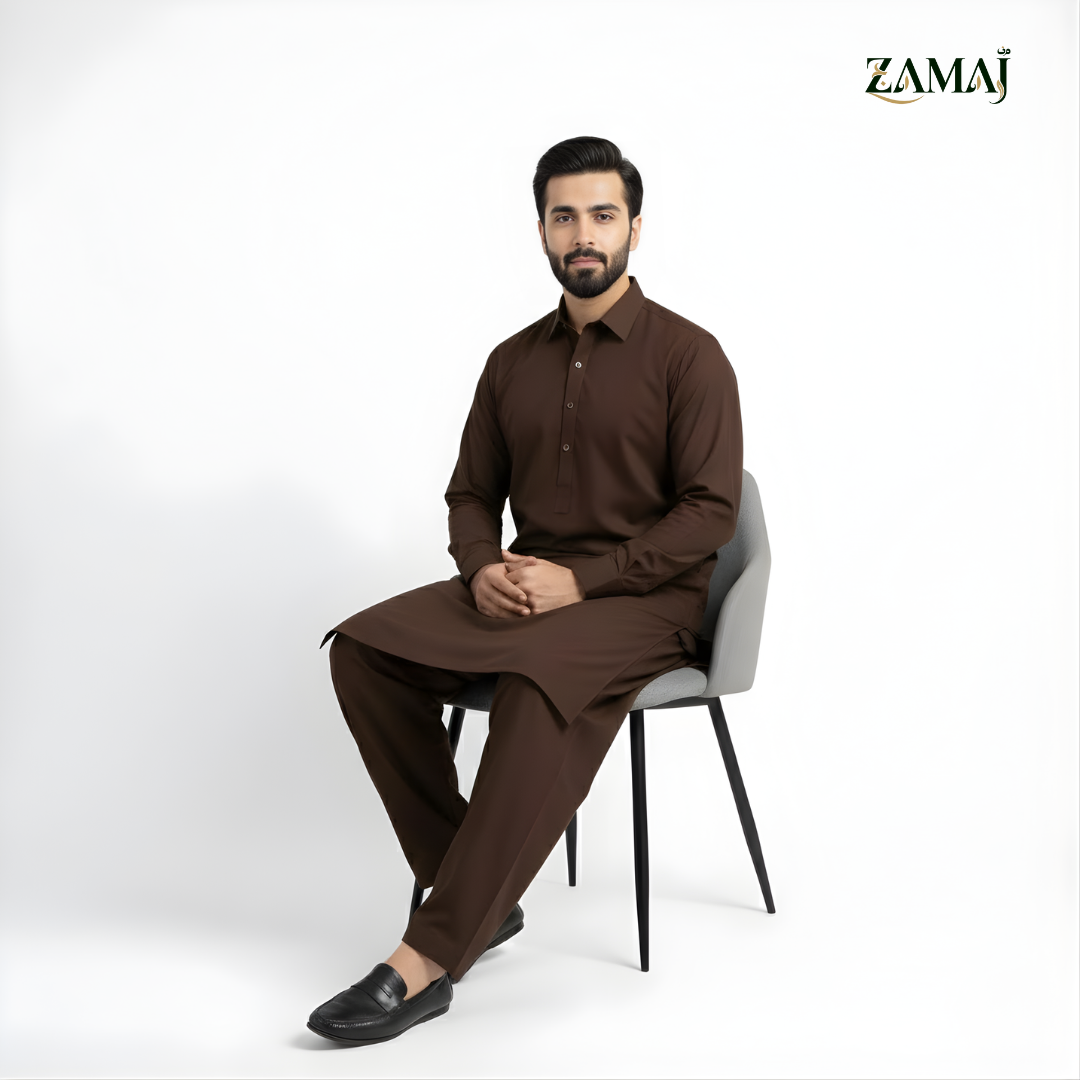 ZAMAJ Casual Dark Brown Shalwar Kameez for Men