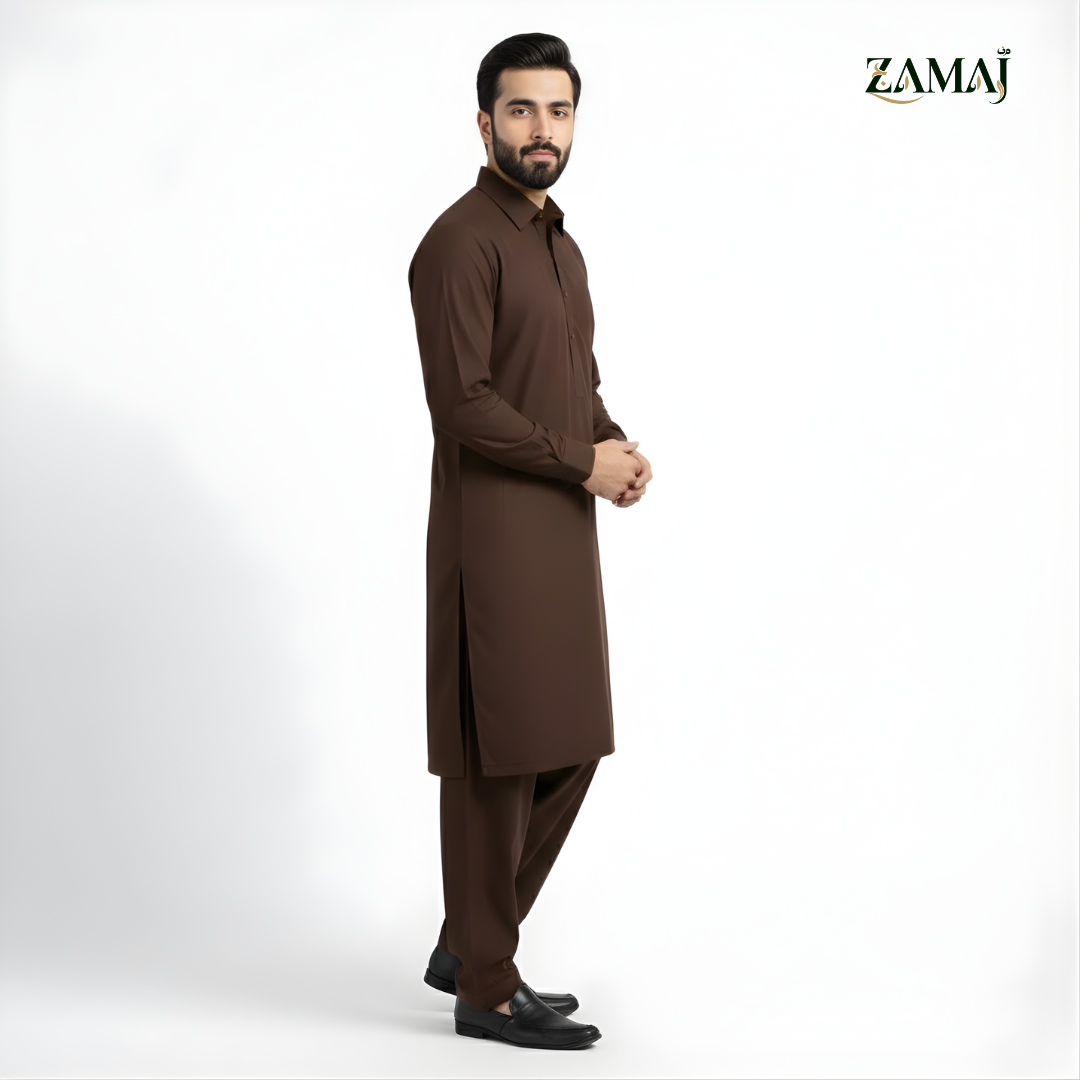 ZAMAJ Casual Dark Brown Shalwar Kameez for Men