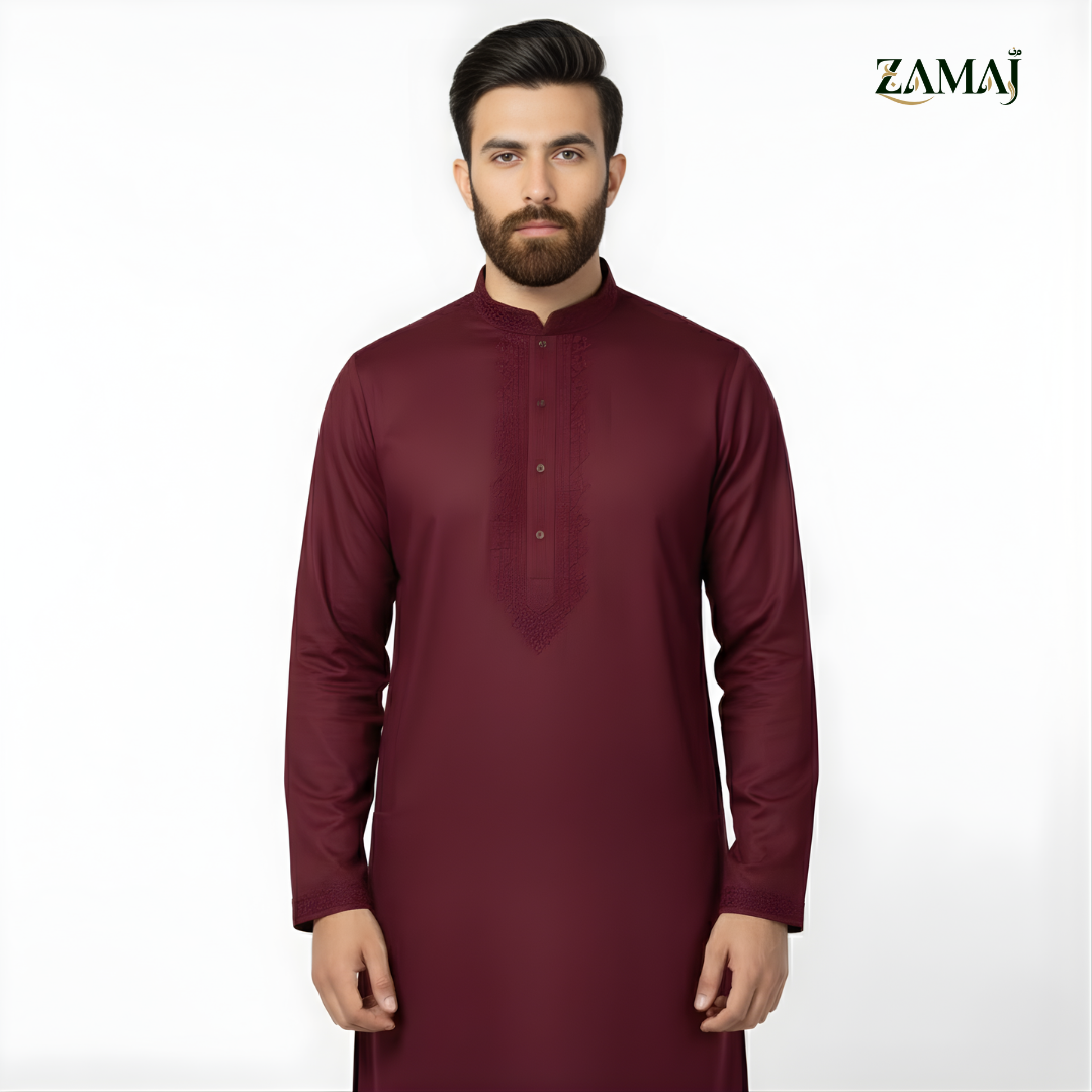 ZAMAJ Deep Burgundy Embroidered Kurta Pajama
