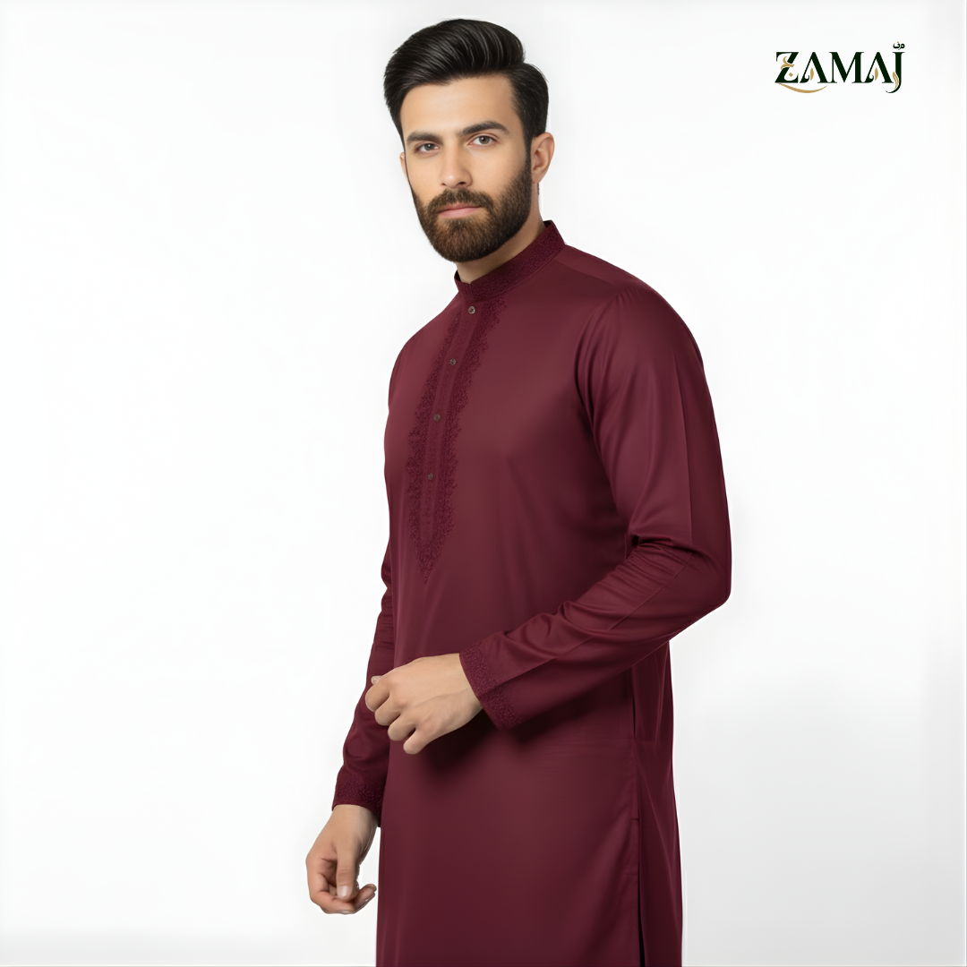 ZAMAJ Deep Burgundy Embroidered Kurta Pajama