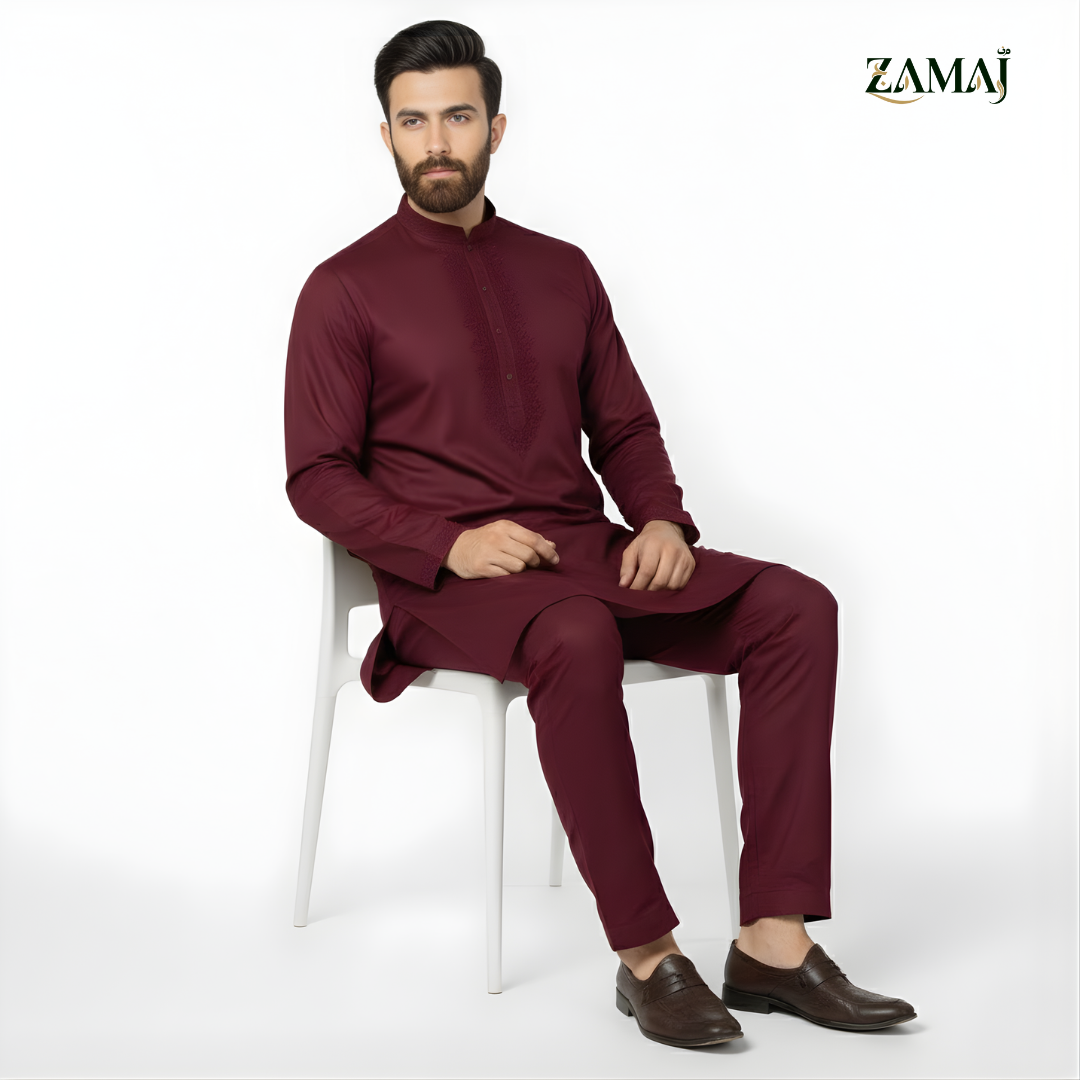 ZAMAJ Deep Burgundy Embroidered Kurta Pajama