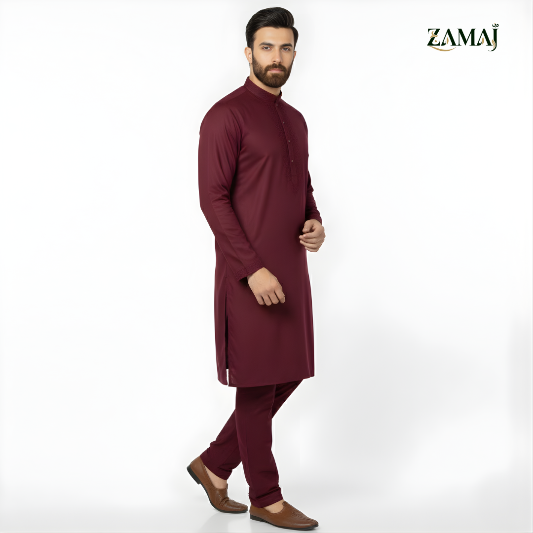 ZAMAJ Deep Burgundy Embroidered Kurta Pajama