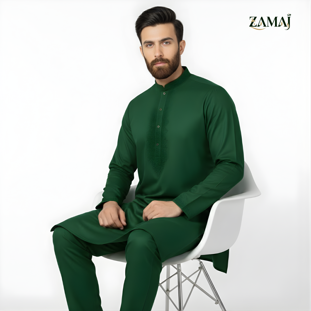 ZAMAJ Forest Green Embroidered Kurta Pajama