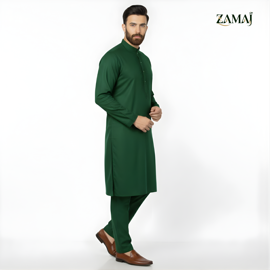 ZAMAJ Forest Green Embroidered Kurta Pajama