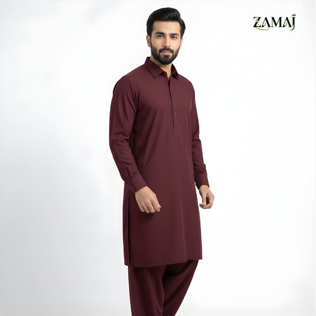 ZAMAJ Casual Mahroon Shalwar Kameez for Men