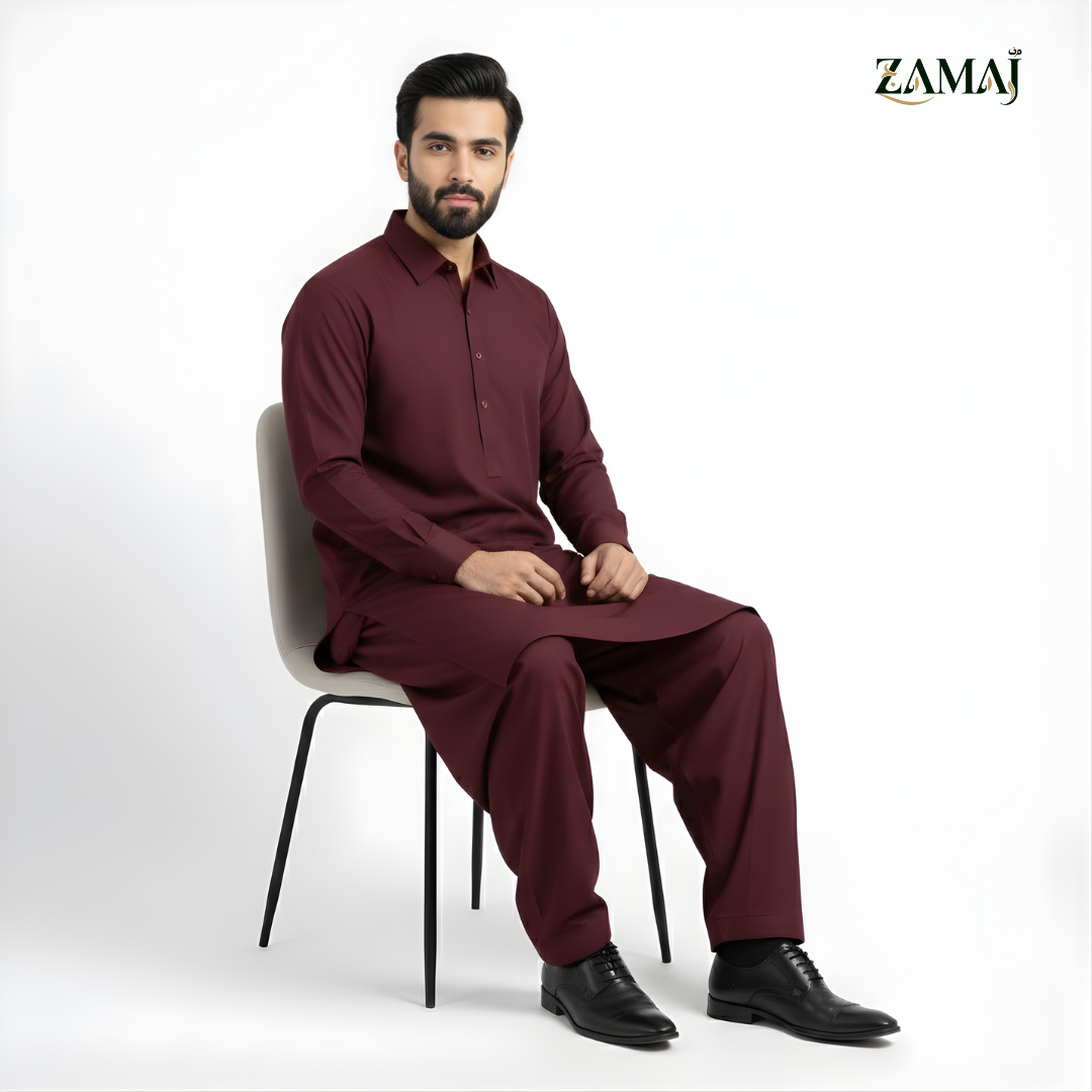 ZAMAJ Casual Mahroon Shalwar Kameez for Men