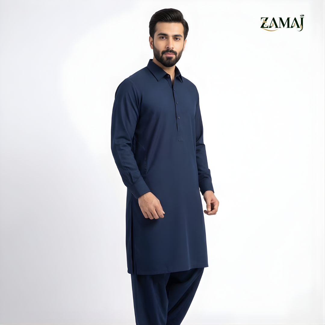 ZAMAJ Casual Navy Blue Shalwar Kameez for Men