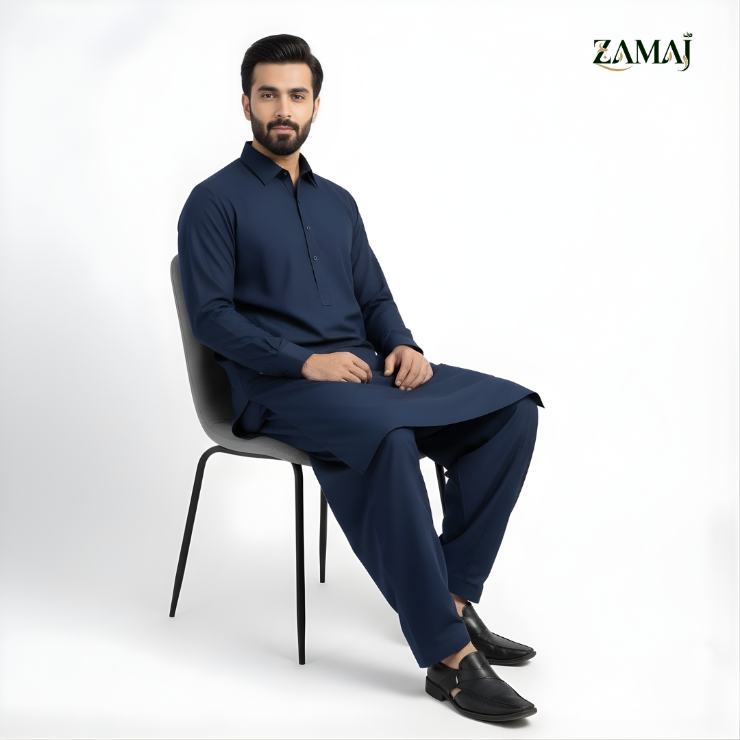 ZAMAJ Casual Navy Blue Shalwar Kameez for Men