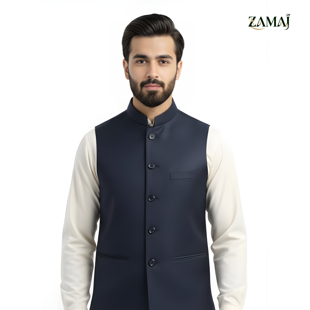 ZAMAJ Navy Blue Linen Waistcoat