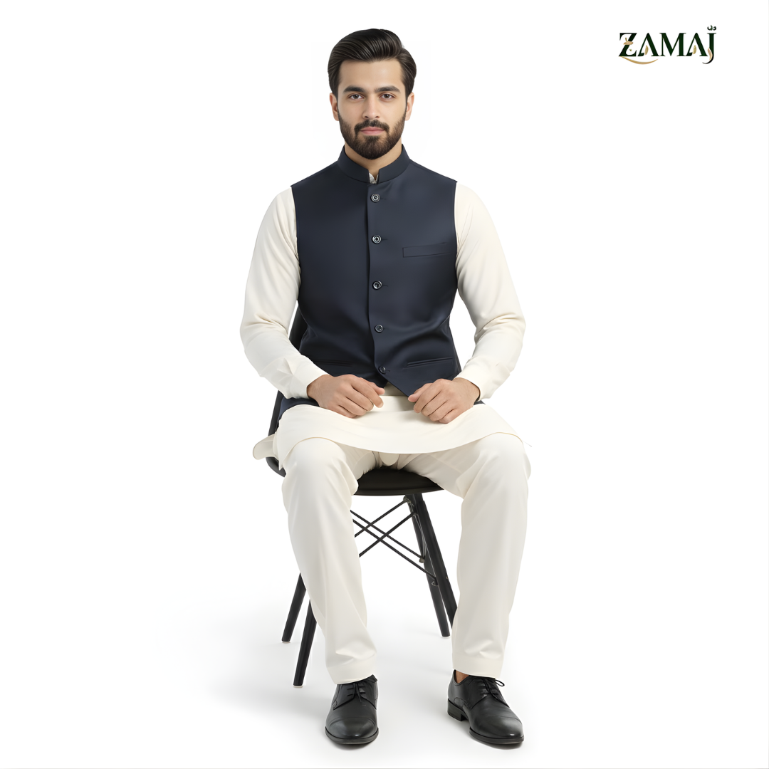 ZAMAJ Navy Blue Linen Waistcoat