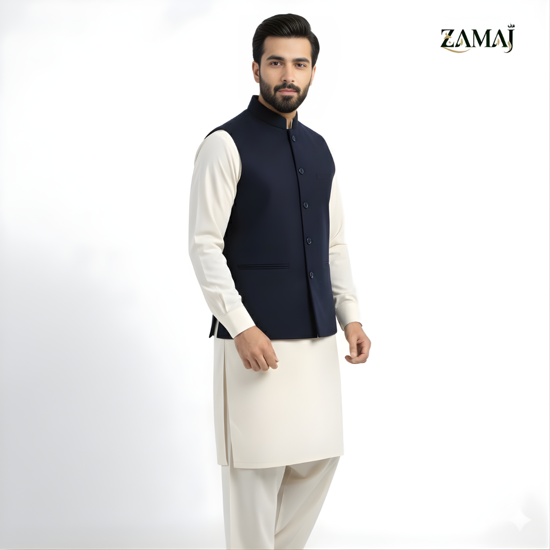ZAMAJ Navy Blue Linen Waistcoat