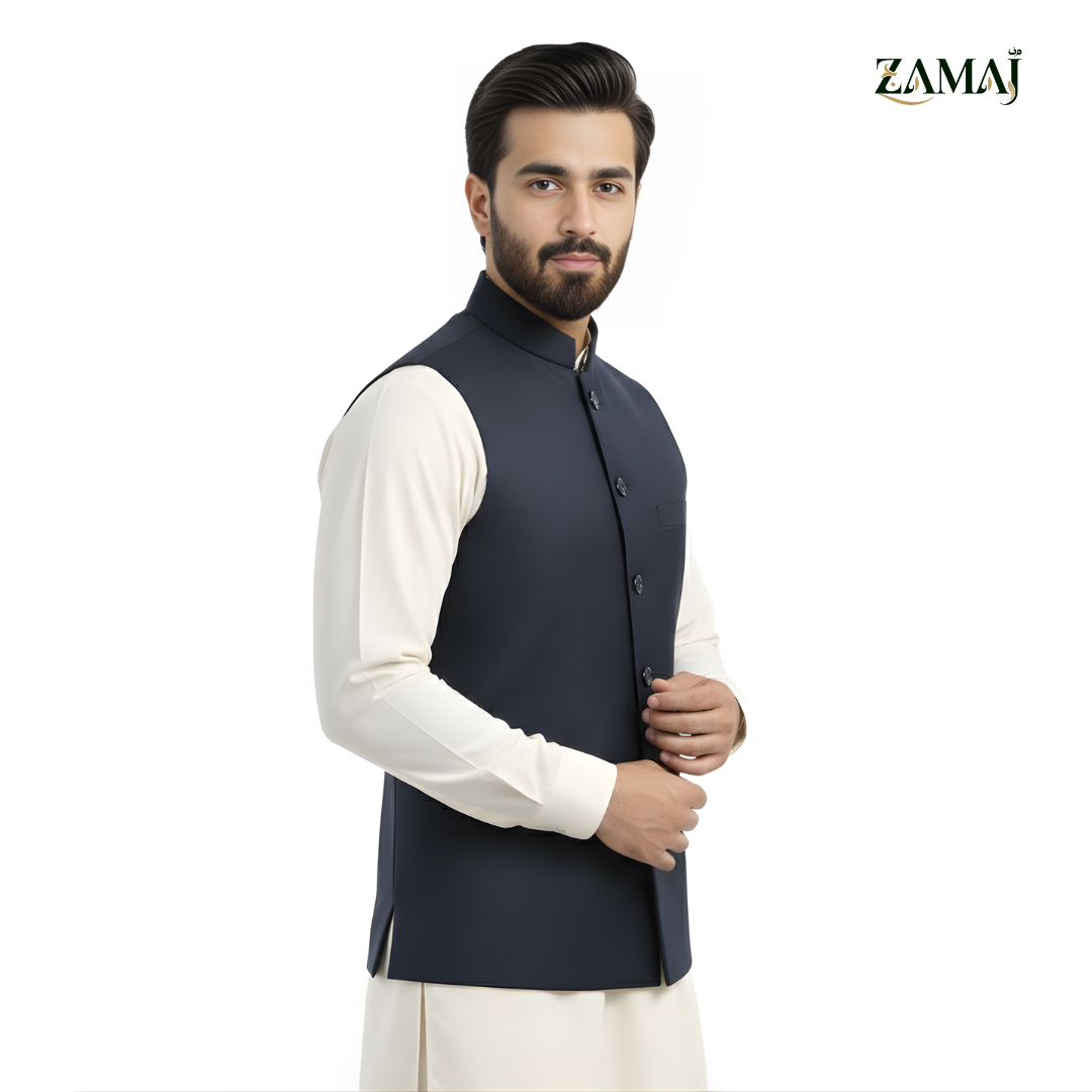 ZAMAJ Navy Blue Linen Waistcoat