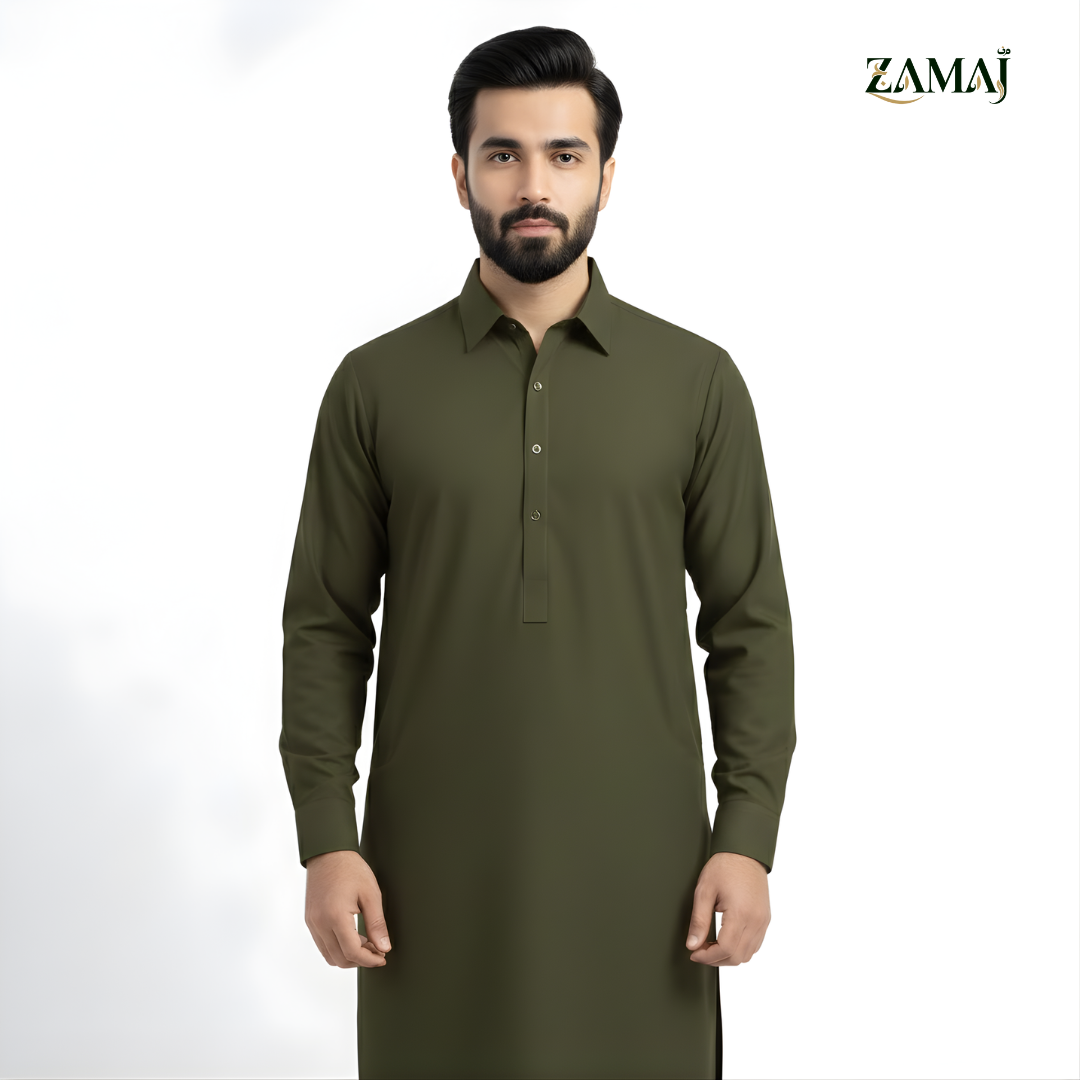 ZAMAJ Casual Olive Green Shalwar Kameez for Men
