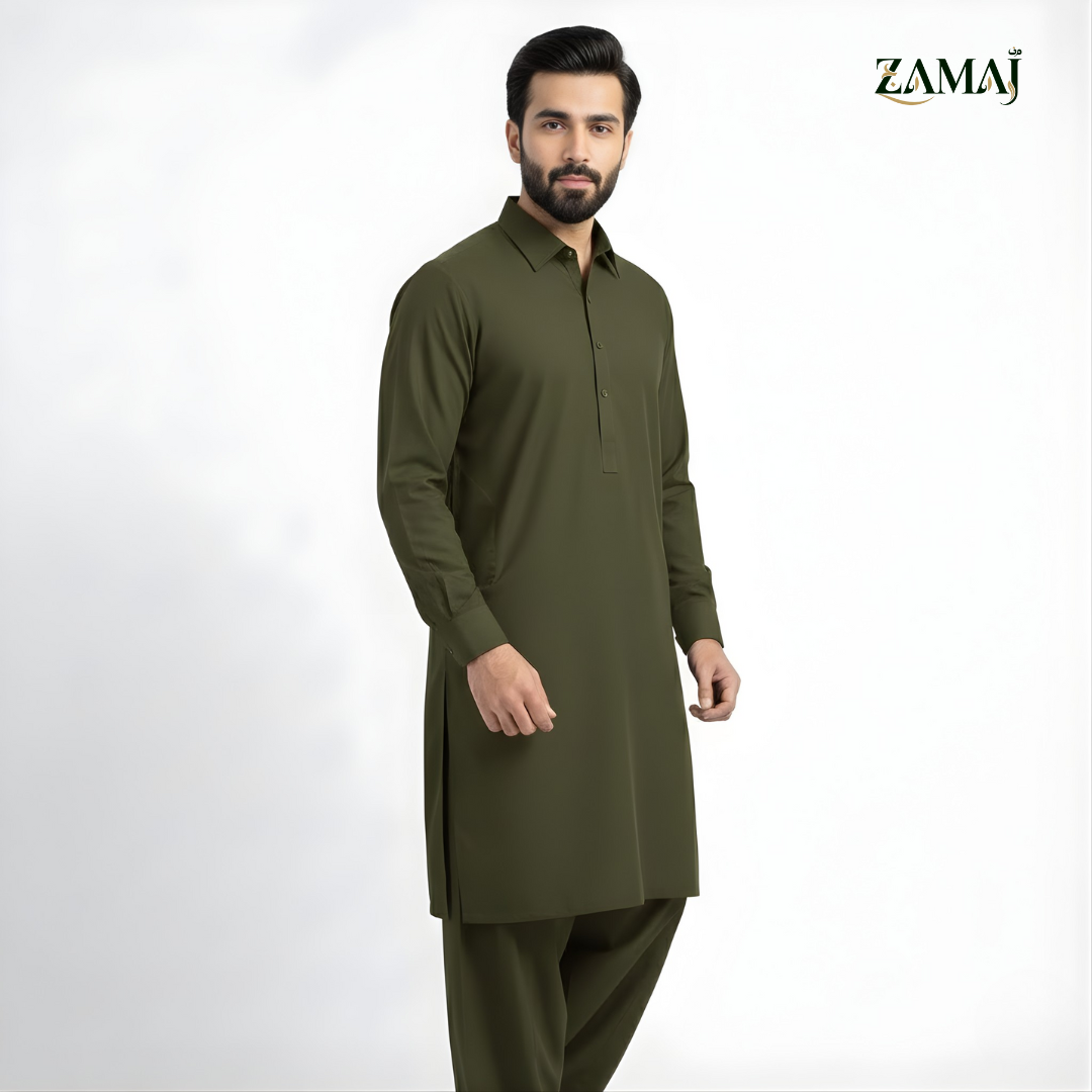 ZAMAJ Casual Olive Green Shalwar Kameez for Men