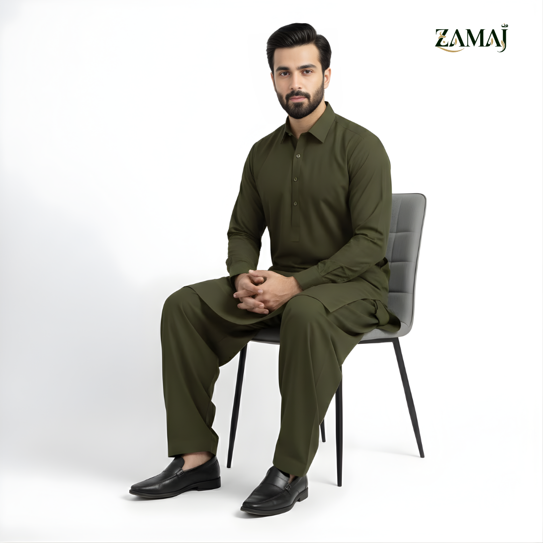 ZAMAJ Casual Olive Green Shalwar Kameez for Men