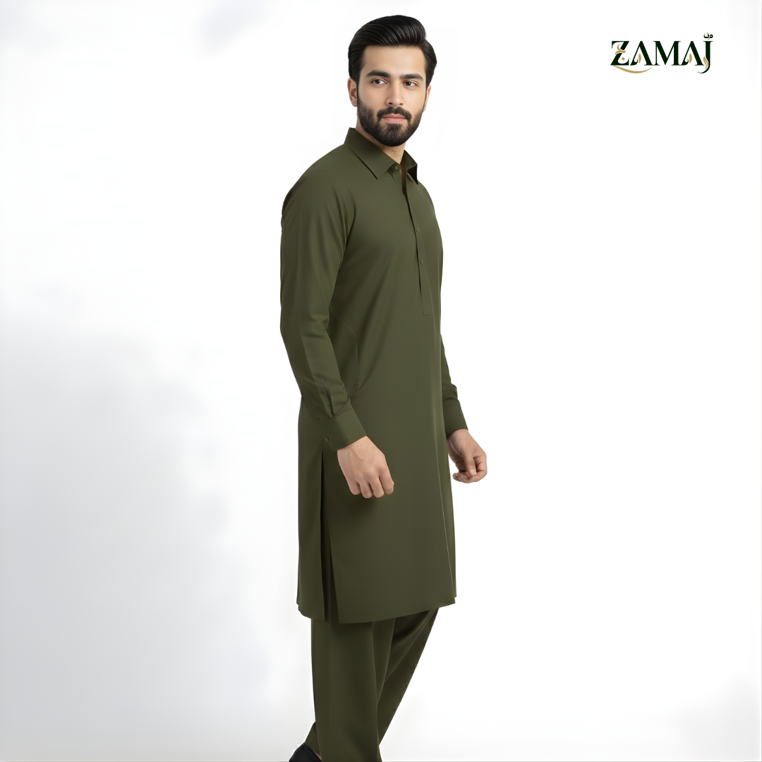 ZAMAJ Casual Olive Green Shalwar Kameez for Men