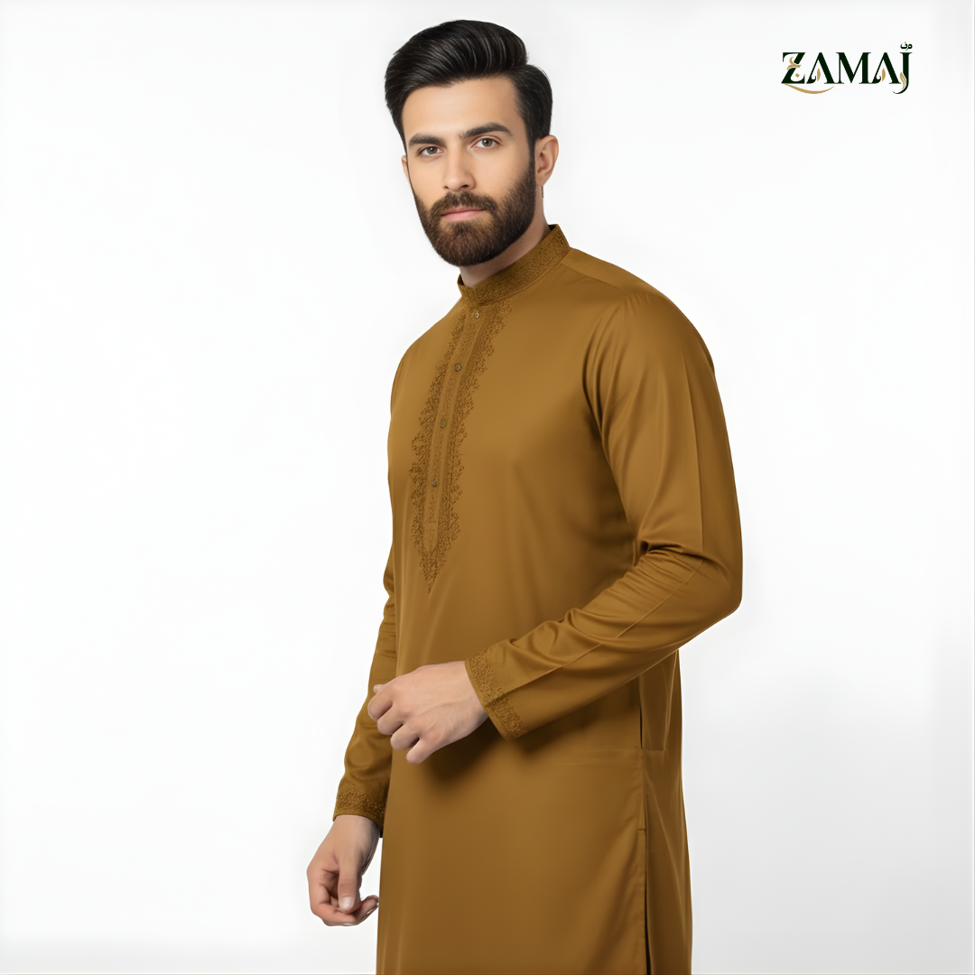 ZAMAJ Olive Mustard Embroidered Kurta Pajama