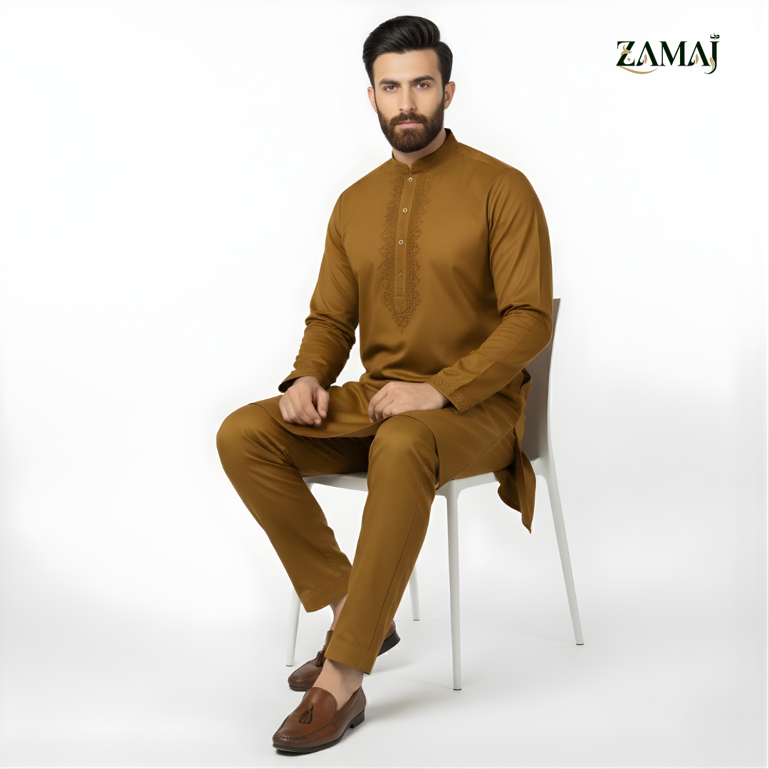 ZAMAJ Olive Mustard Embroidered Kurta Pajama
