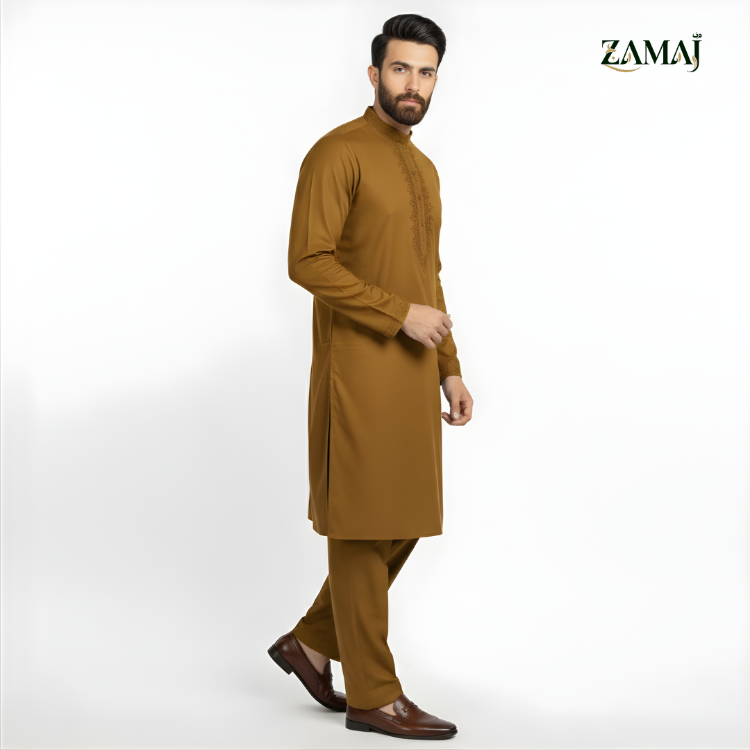 ZAMAJ Olive Mustard Embroidered Kurta Pajama