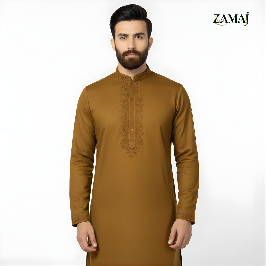ZAMAJ Olive Mustard Embroidered Kurta Pajama