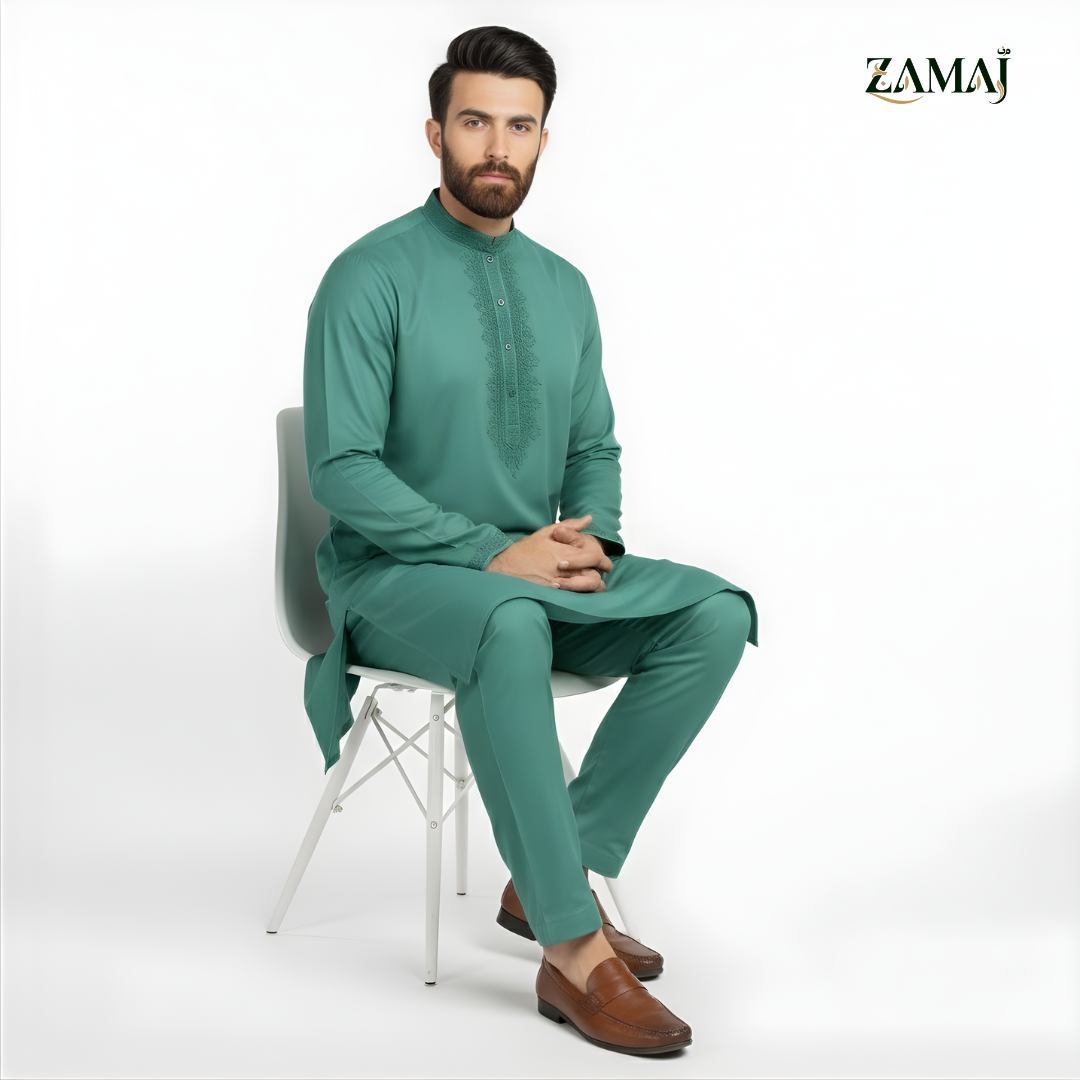 ZAMAJ Seafoam Green Embroidered Kurta Pajama
