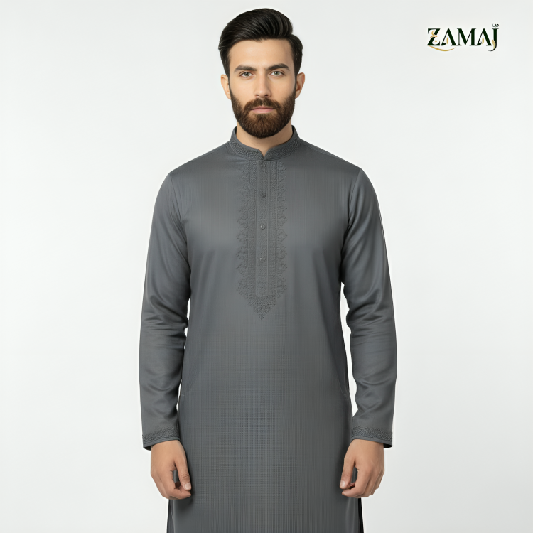 ZAMAJ Slate Grey Embroidered Kurta Pajama