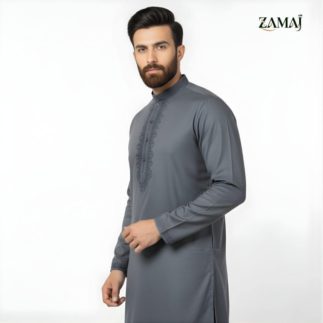 ZAMAJ Slate Grey Embroidered Kurta Pajama