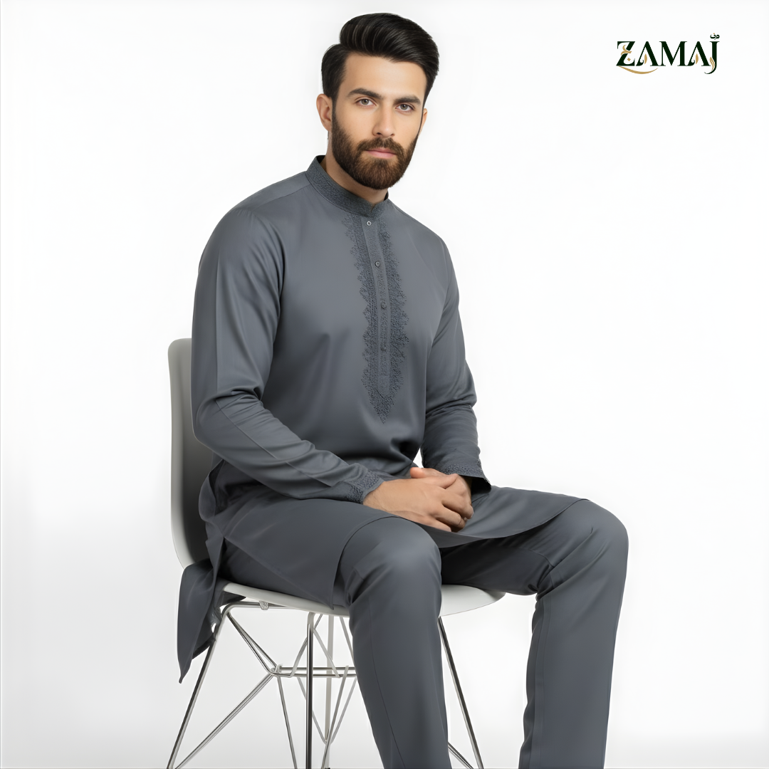 ZAMAJ Slate Grey Embroidered Kurta Pajama