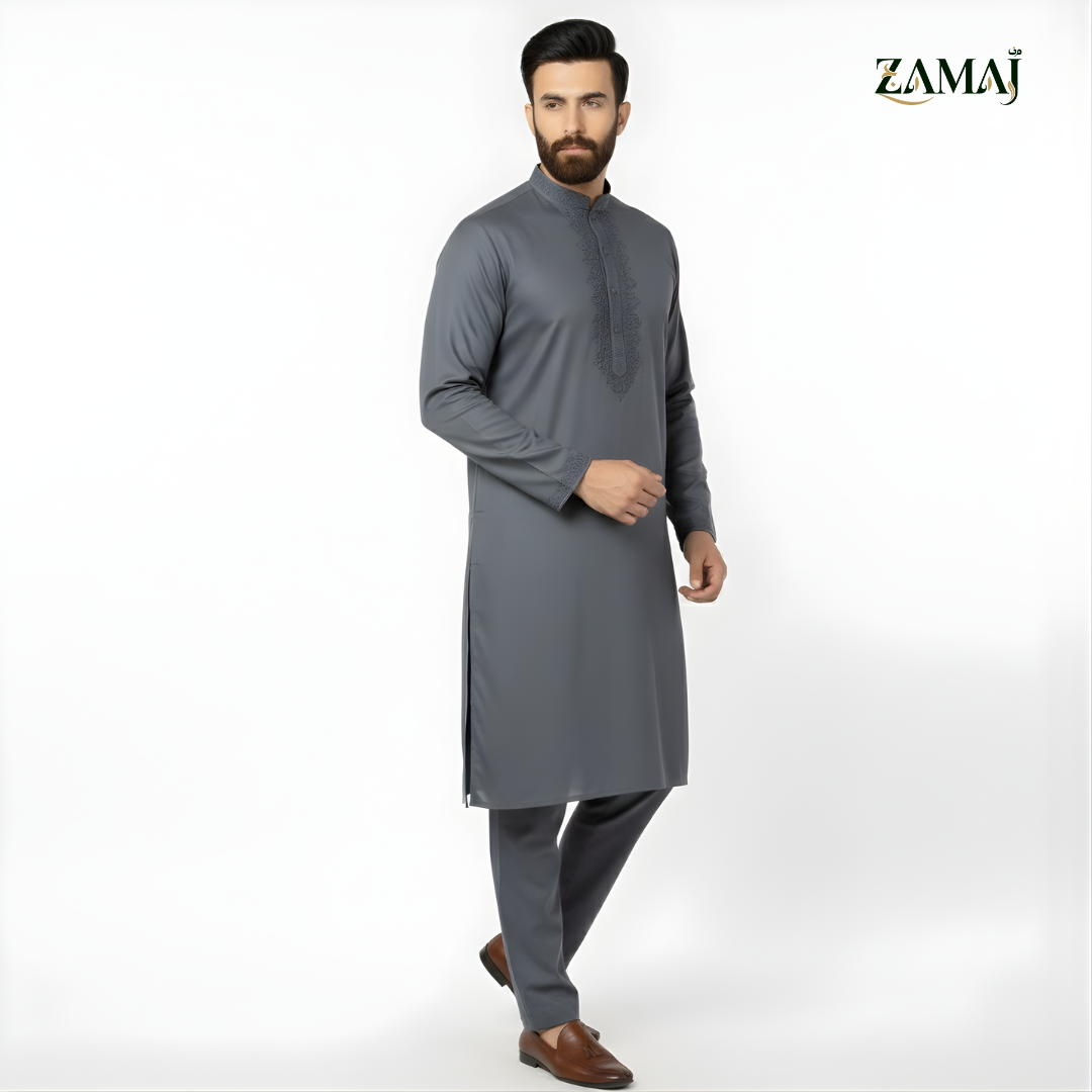 ZAMAJ Slate Grey Embroidered Kurta Pajama