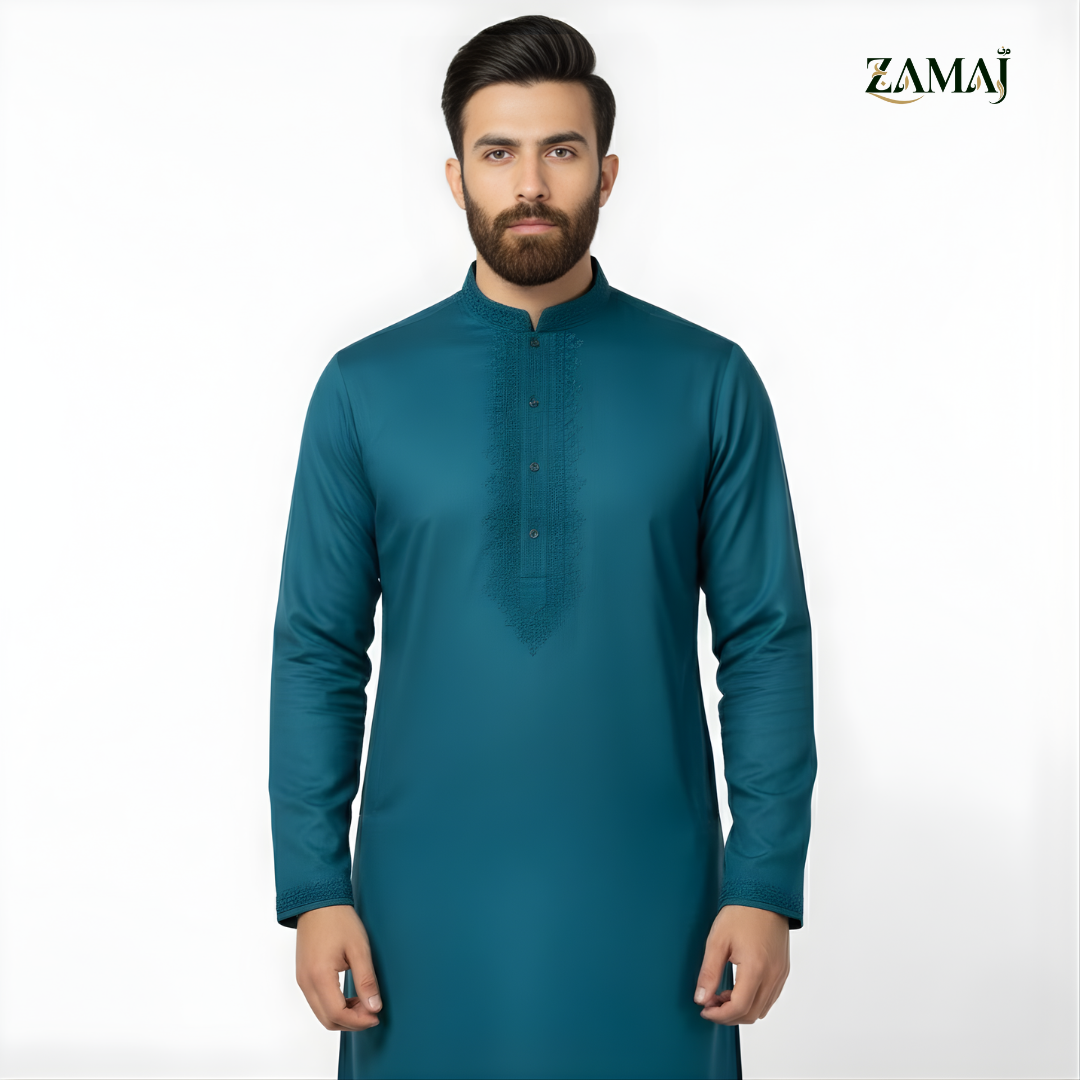 ZAMAJ Teal Blue Embroidered Kurta Pajama