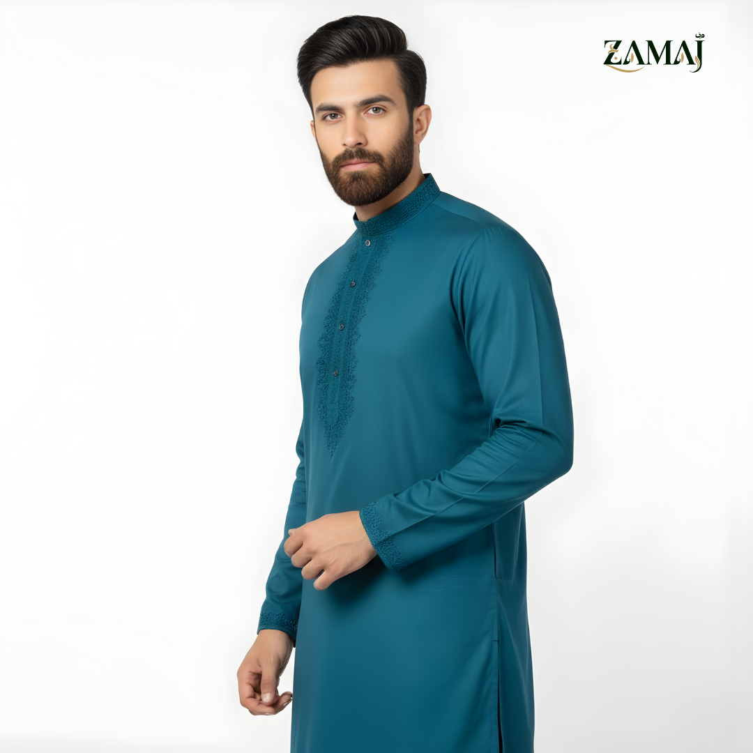 ZAMAJ Teal Blue Embroidered Kurta Pajama