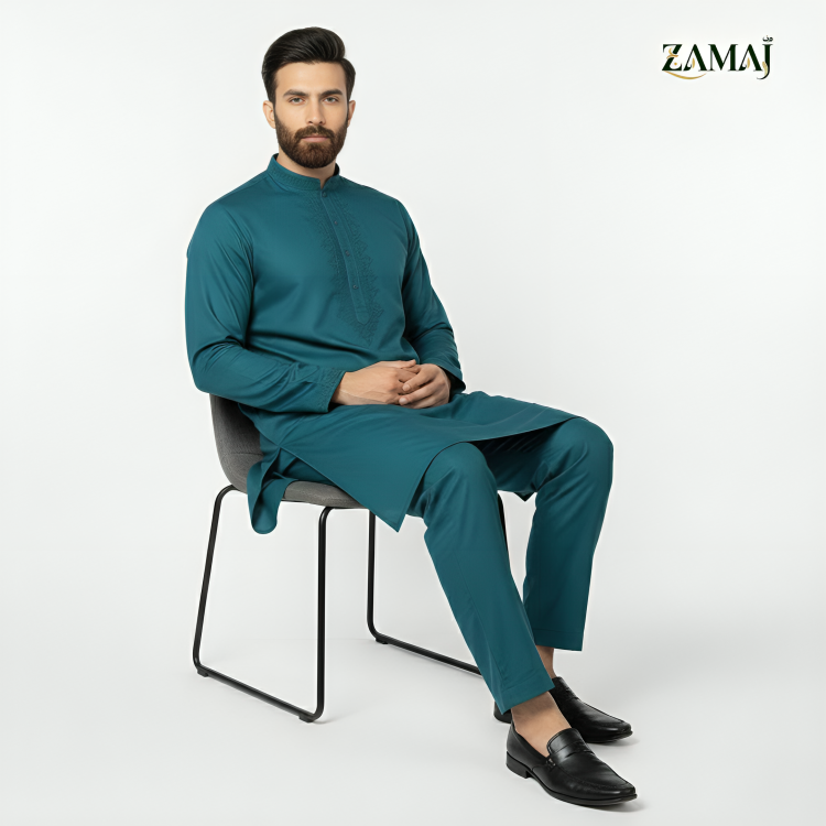 ZAMAJ Teal Blue Embroidered Kurta Pajama