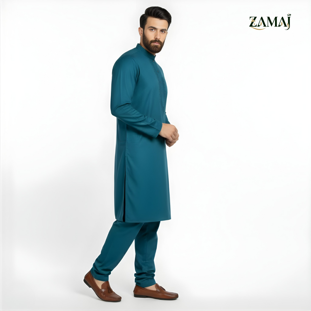 ZAMAJ Teal Blue Embroidered Kurta Pajama